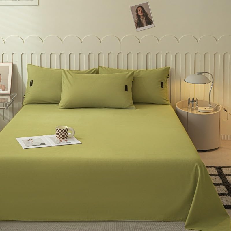 Sabanas Cama Lijada De Algodón Puro, Funda De Cama Individual Gruesa De Color Sólido, Sábana De Algodón Puro De Una Sola Pieza, Verde Hierba, 180X230Cm
