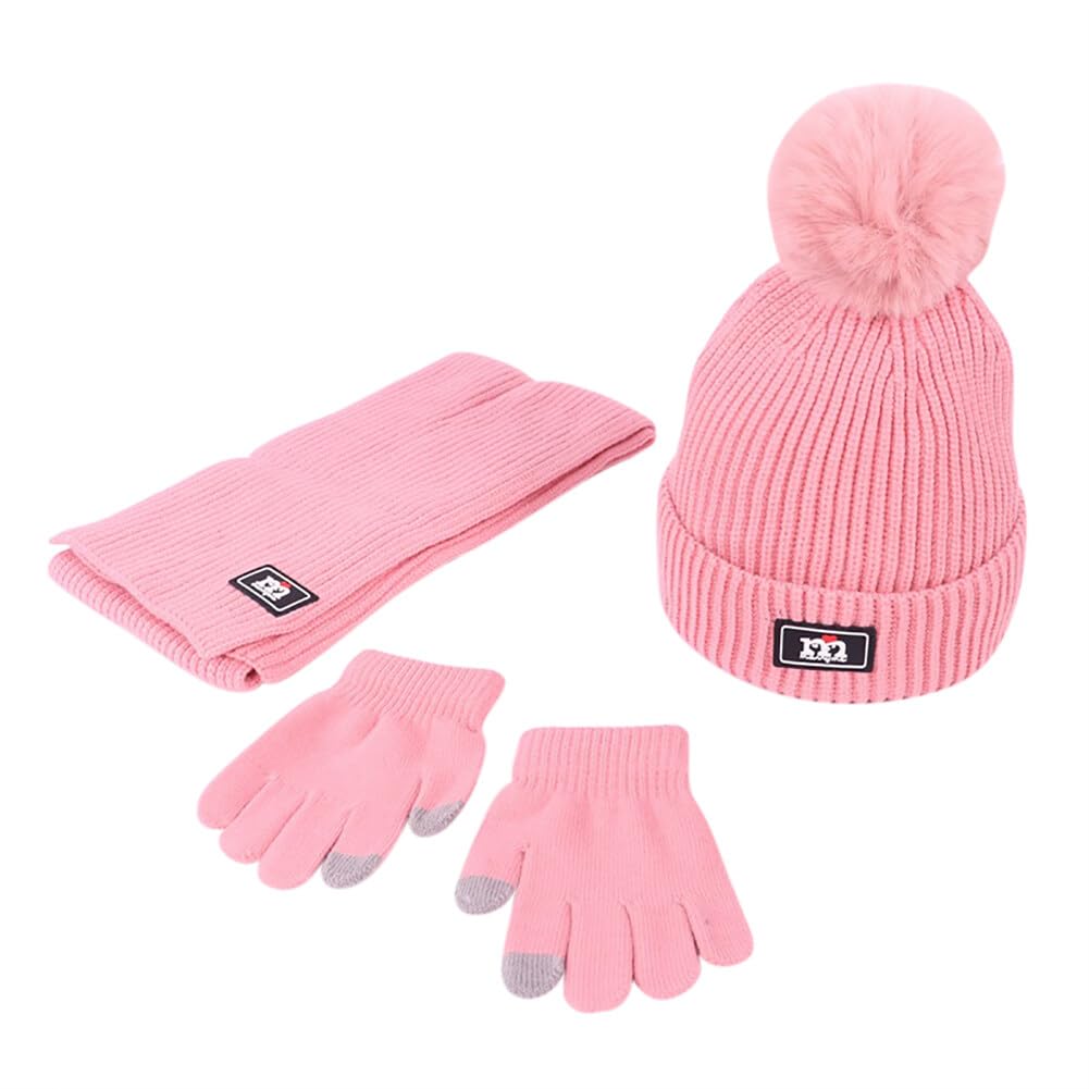 Winter Kids Hat Scarf Glove Set Fleece Lined Knit Beanie Neck Warmer Finger Mittens Warm Hat for Boys Girls 3-8 Years (Pink)