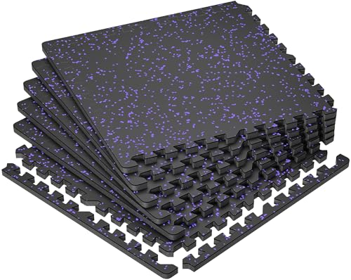 Image of SUPERJARE 0.79'' Extra-Thick Exercise Equipment Mats, 6 Pcs 24 Sq Ft Rubber Top Floor Tiles with High Density EVA Foam, Interlocking Gym Flooring for Home Gym, Protective Workout Mat, Black /Purple