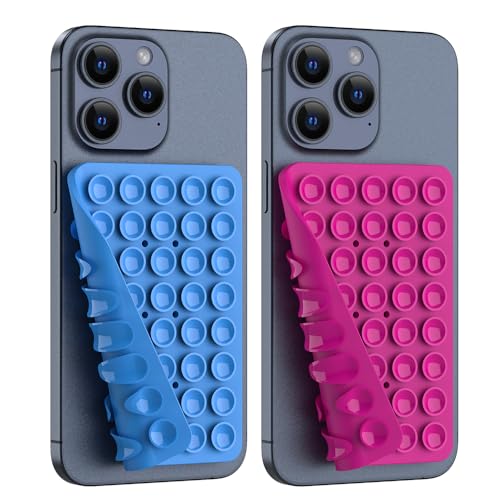 Image of Double Sided Silicone Suction Phone Holder Mount, Silicon Accessory for iPhone and Android, Hands-Free Mirror Shower Phone Holder, TikTok Videos and Selfies (Blue+Rose Red)