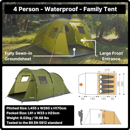 Eurohike Sendero Tent for Four People with Porch and Living Area, 4 Man, Easy to Pitch, Tunnel, Sewn In Groundsheet, Family Camping, Festivals, Wild Camping, Backpacking, 2000mm HH - Image 4
