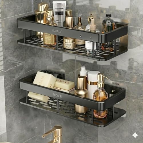 Image of EUDELE Aluminium Pack of 2, Self Adhesive Bathroom Shelf for Wall Shelf Organizer Wall Mounted Bathroom Shelves Rack Holder Stand for Bathroom Accessories Organiser Without Drill Black