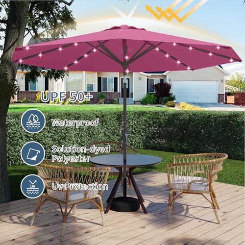Image of 9FT Patio Umbrella with Solar Lights,Outdoor Market Umbrella with Tilt and Crank, LED Lighted Table Umbrella for Garden,Deck,Backyard,Pool,Beach (Rose Pink)
