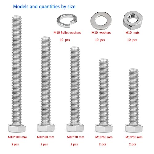 M10 Nuts And Bolts Set,Stainless Steel Hex Bolts Sets With Washers,Longer Machine Screws Assorted,Fully Threaded Bolts For Car,Bike,Furniture,Ship,Construction,Mechanical(50/60/70/80/100mm)(M10) - Image 3