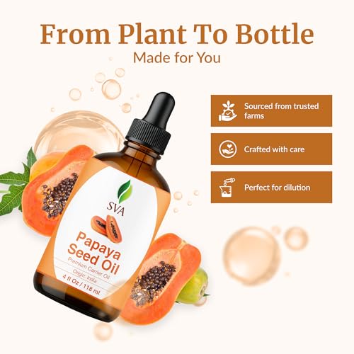 Image of SVA Papaya Seed Carrier Oil, Glass Bottle with Dropper, 4 Fl Oz (118 ml) | Papaya Seed Oil for Face Care, Skin Care, Facial Oil, Hair Care, Scalp Massage, Body Massage, Dilution & DIY Beauty Blends
