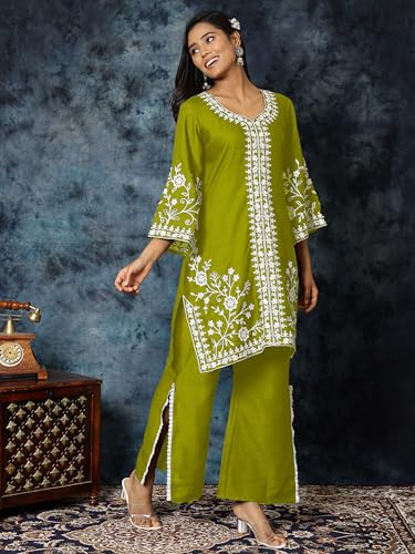 Image of EthnicJunction Women's Cotton Blend Chikankari Embroidered A-Line Kurta Palazzo Set Ethnic Wear Office Wear Daily Wear Festive Kurta Set for Women