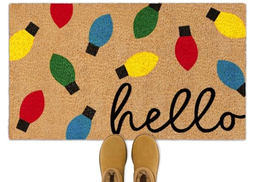 Christmas Natural Coir Doormat Colorful Xmas Light Bulbs Welcome Floor Mat Non Slip Entrance Door Rugs for Indoor Outdoor Bathroom Decor 165 x 29 Inch