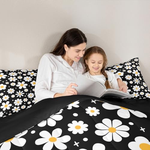 Image of Daisy Flower Bedding Set for Kids Boys Girls Groovy Floral Comforter Set Twin Size Retro Floral Boho Duvet Quilt Bedroom Decor Breathable Soft Lightweight Microfiber Black White 2Pcs