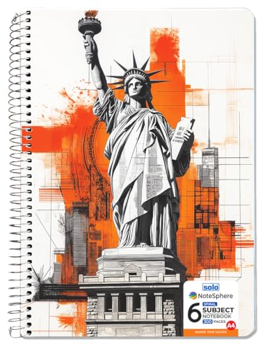 SOLO 6 Subject Spiral Notebook – Unruled, 300 Pages, A4-29.7cm x 21.0cm, Attractive Cover Designs, Soft Plastic Cover, Ideal for College Students and Professionals (Unruled)