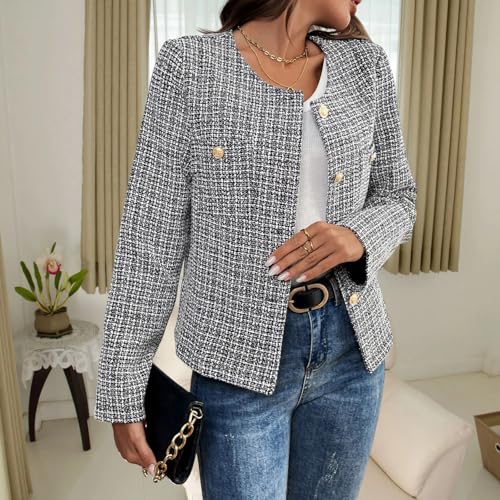 Women's Tweed Blazer, Long Sleeve Round Neck, Business Casual Coat3