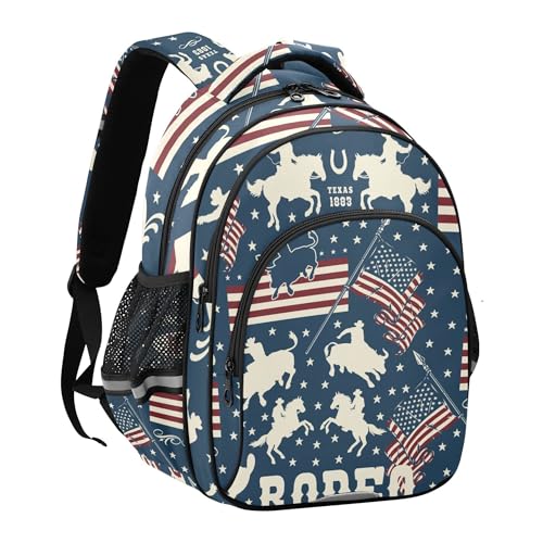 Cowboys Riding Bulls Horse Riders American Usa Flags Backpack for School Study Book Bag Laptop Backpack Work Travel Computer Bags with Reflective Stripes2