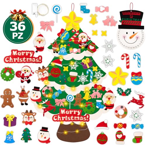 Lanpn Albero di Natale in feltro 102 cm più pupazzo di neve, Albero Natale montessori per bambini, albero di Natale con luci con 36 pezzi decorazione da appendere in velcro per porta e parete (Verde)