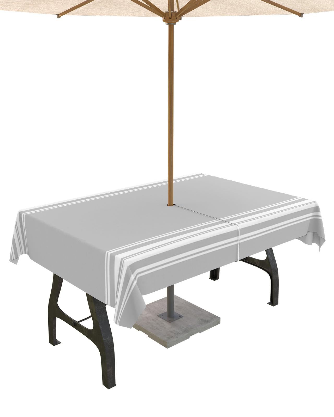 Nappe d'extérieur imperméable à rayures grises et blanches avec trou parasol QueenKer