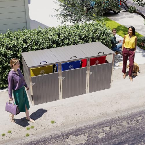 Image of KEIKI 3-Bin Outdoor Trash Can Storage Shed, 83 Cu.Ft Metal Garbage Bin Enclosure with Lift-Up Lid & Lockable Double Doors, Weather-Resistant Heavy-Duty Patio Garden Shed, Light Gray