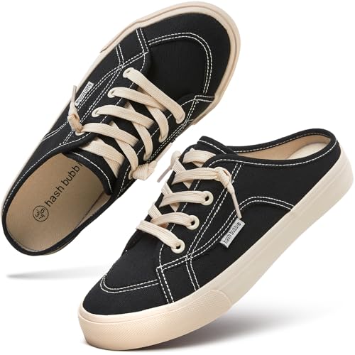 hash bubbie Women's Mules Comfortable Slip on Sneakers Tennis Shoes Summer Backless Canvas Shoes Close Toed Sandals(Black,US9)