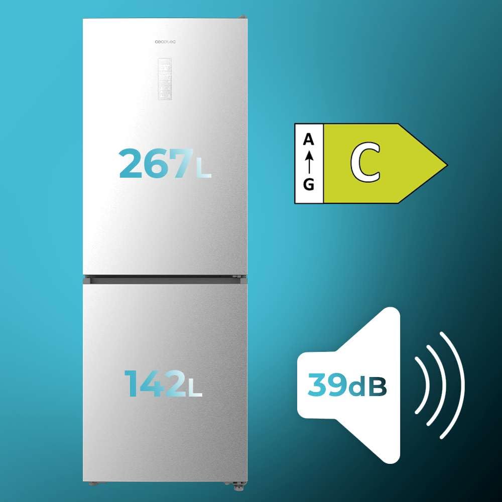 Cecotec Frigorífico Combi 409L Total No Frost Bolero CoolMarket Combi 409 Inox C. Altura 185cm, MAX INSIDE con VIP Tech, Compresor Inverter Plus, Bajo Consumo, Cajón Temperatura Variable, Inox