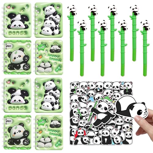 Yhjxly Panda Party Kit para aniversário de crianças, 8 mini cadernos, 8 desenhos animados Gelschreiber, 50 Aufkleber, Schreibwaren para crianças, escola e escritório
