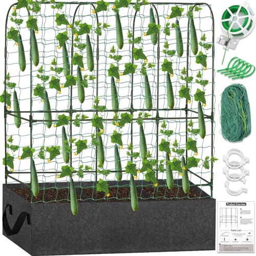 Cucumber Trellis for Climbing Plants Outdoors, U-Shape Large Garden Frame Trellis with Planter for Raised Bed Vegetable Fruit Grow Support,65 (H) x 50(L) inches, Includes Netting Ties Gardening Tools