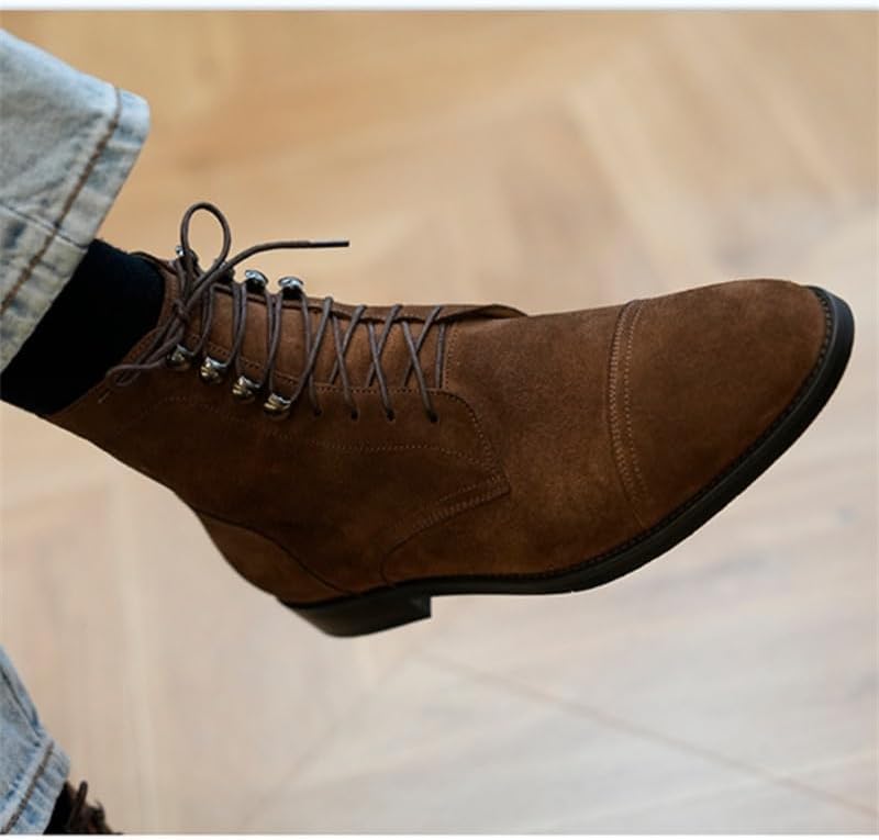Men's High-Top Boots Suede Leather Shoes Adhesive Craft Leather Patchwork Pointed Toe Business Shoes Coffee Color Sole Trendy Dress Shoes