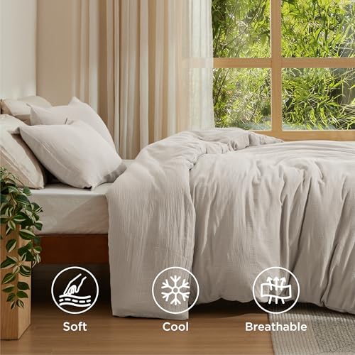 Image of Bedsure Muslin Duvet Cover Queen Size - Cotton Blend Viscose Derived from Bamboo, Cooling Duvet Cover, PureWoven Ultra-Soft & Breathable Bedding Set for All Seasons (Oat Milk, 90 inchx90 inch)