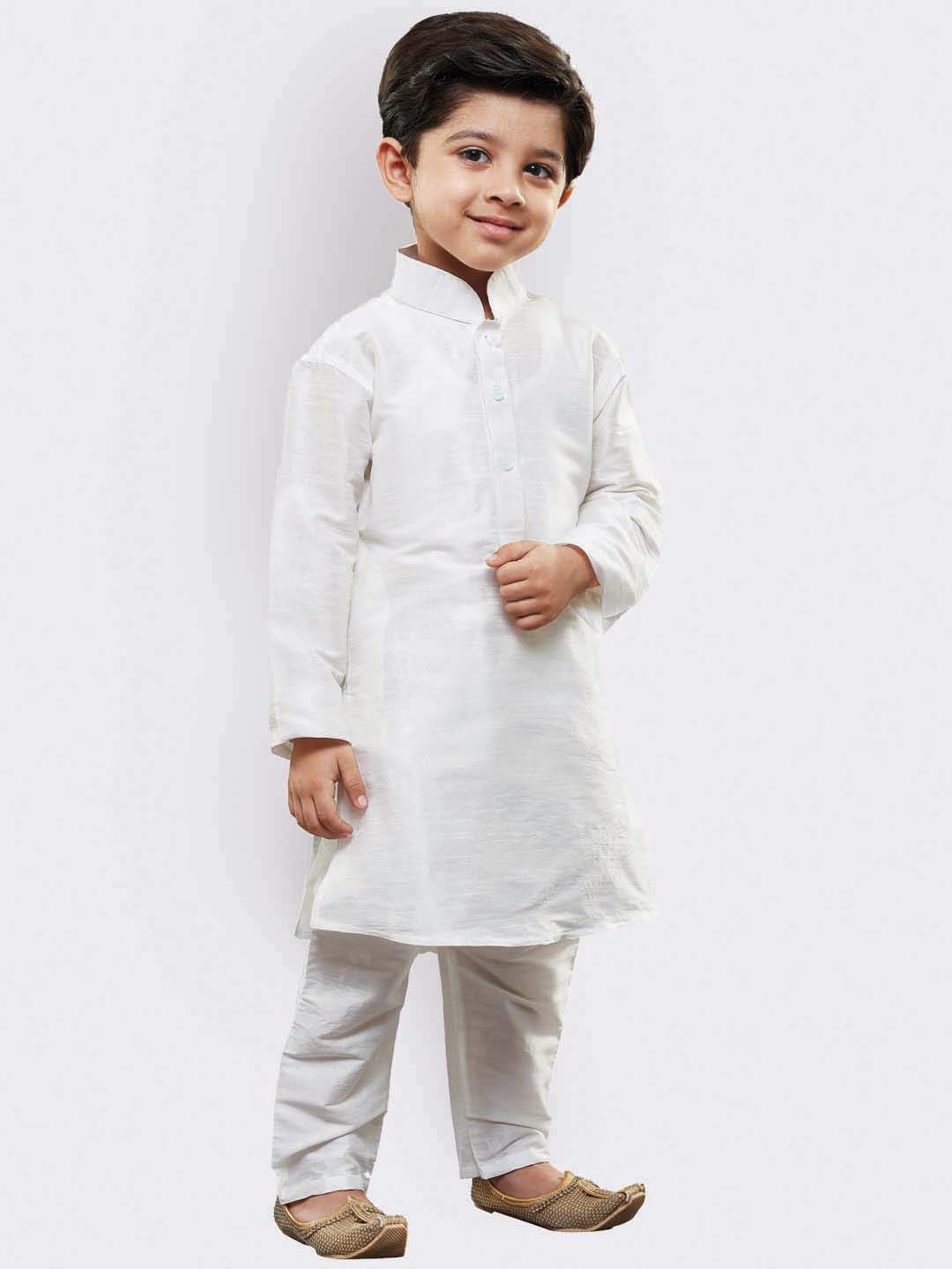Jbn Creation Boys' White Silk Blend Kurta Pyjama And Cap Set