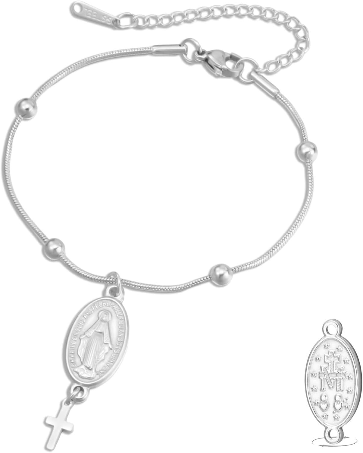 Wuufake Dispositivo portátil: pulsera doble cara con medalla de la Virgen de Guadalupe para hombre, cordón trenzado artesanal, joyería católica cristiana religiosa arte, silver 13