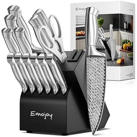 Knife Set,Emojoy 15 Pieces Kitchen Knife Set with block, Knife Block Set with Built-in Sharpener,High Carbon Stainless Steel Sharp Chef Knife Set with Hollow Handle Cover