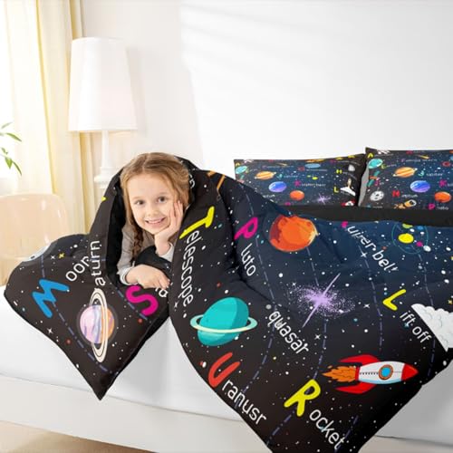 Image of Feelyou Alphabet Outer Space Astronaut Bedding Set Full Size, ABC Planet Comforter Set Kids Toddler Galaxy Comforter ABC Alphabet Learning Duvet Set Durable Bed Set 3Pcs
