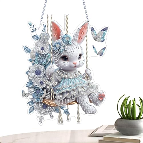 LearnLyrics Kit de pintura de diamantes de imitación de conejo, colgante de pintura de diamantes de imitación 5D, esmaltado con diamantes de imitación, flores de conejo, Oramento colgante, pluma de