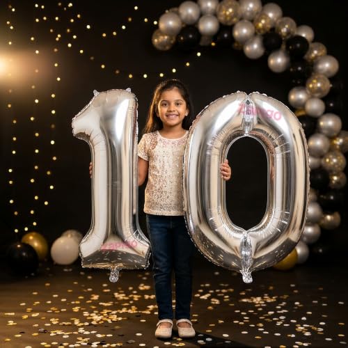 Image of Balloonistics Silver 40-Inch Foil Number 10 Balloon - Fill with Helium or Air for 10th Birthday, Anniversary Party Decoration, Photo Booth Backdrop, Cake Table Decor