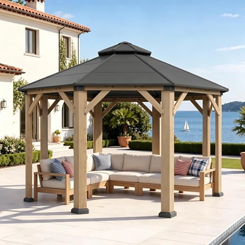 Image of Aoxun 13' x 13' Outdoor Wood Gazebo, Hardtop Gazebo Permanent Wooden Pavilion with Galvanized Steel Double Roof, for Backyard, Garden, Poolside, Cedar Wood, Natural