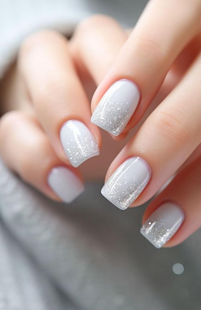 Set Of 14Pc, Press-On, Short Square Shape Grey with Silver Sparkle, Nail Extensions With Free Glue Kit-image-35