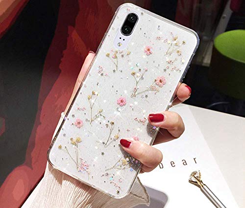 Huawei P20 Lite Hülle Mit Getrockneten Blumen – Transparent, Glitzernd, TPU Silikon, Ultra Dünn, Stoßfest, Inkl. Stylus-Stift, Rosa