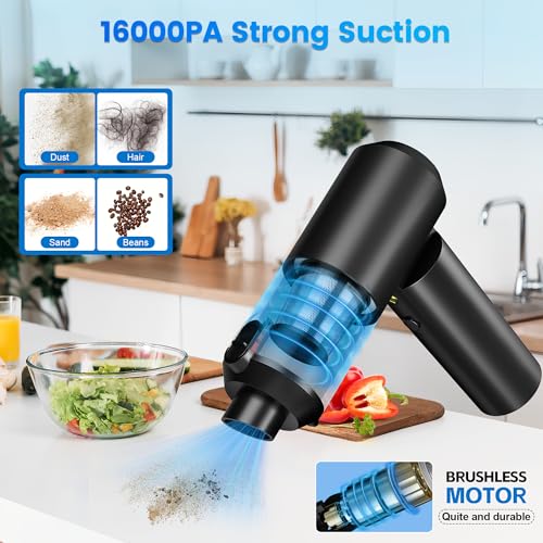 Car Vacuum Portable Cordless - 4 in 1 90°Foldable Mini Car Vacuum with 16000Pa, Rechargeable Handheld Air Duster with Brushless Motor for Auto Home Office Pet Hair (Black)
