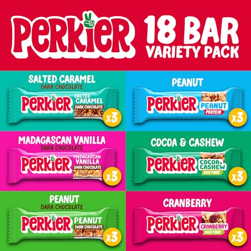 Perkier Variety Box,18 bars, 6 Flavours, Vegan, Gluten Free, Protein, High Fibre, Lower Sugar Snack, Natural Ingredients, Lower Calorie, Healthy, No Palm Oil, Nut Bar, Carbon Neutral - Image 3