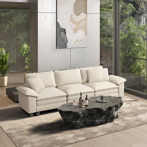 Image of HERA'S HOUSE 124 inch Oversized Modular Sectional Straight Sofa,Chenille White | 3-Seater Living Room Couches, Wider Armrest and Deep Seat, Comfy Cloud Couch with Ottoman, Wood Sturdy Frame