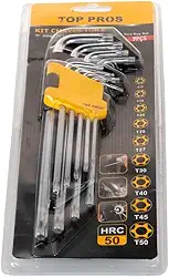 Jogo de Chave Torx 9 Peças, T10 a T50, Formato em L, para Automóveis, Bicicletas e Eletrônicos