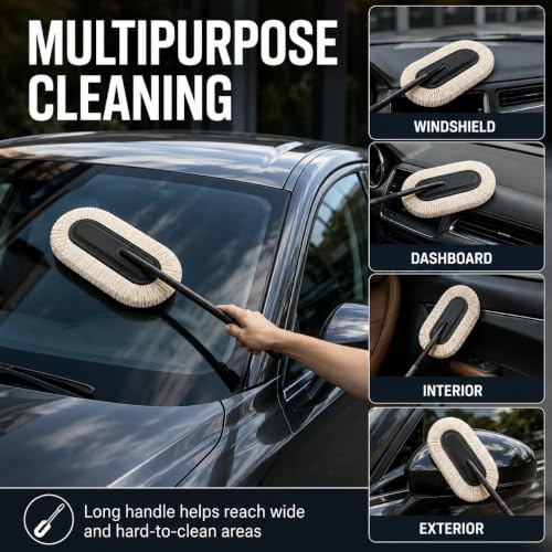 Image of AHYRA Car Duster with Long Handle Microfiber Car Cleaning Brush Wax Coated Lint Free Scratch Free Dust Remover for Car Exterior Interior Dashboard Windshield