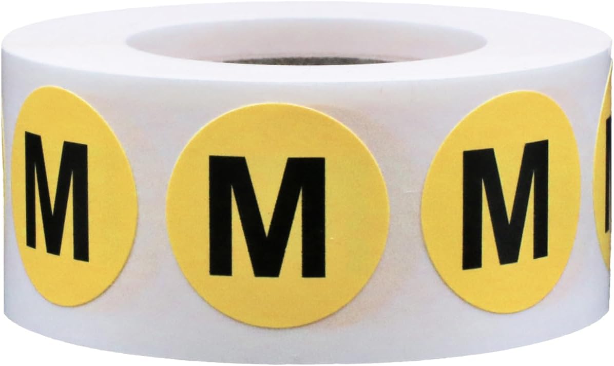 Yellow Medium M Clothing Size Stickers, 0.75 Inch Round Semi Gloss Apparel Size Labels, 500 Total Adhesive Stickers on a Roll for Retail Clothing, Inventory, and Merchandising – Made in the USA