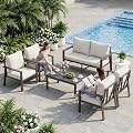 VONZOY Aluminum Patio Conversation Set 6 Pieces Metal Deck Outdoor Furniture 6-Seat All-Weather Rust-Proof Sectional Sofa Set with Removable Cushion for Balcony, Yard, Poolside & Small Spaces