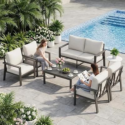 VONZOY Aluminum Patio Conversation Set 6 Pieces Metal Deck Outdoor Furniture 6-Seat All-Weather Rust-Proof Sectional Sofa Set with Removable Cushion for Balcony, Yard, Poolside & Small Spaces