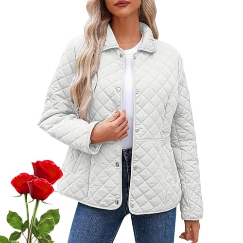 INGKE Quilted Jackets for Women Casual Long Sleeve Button Down Diamond Puffer Jacket, Winter Lightweight Outerwear (white,3X-Large)