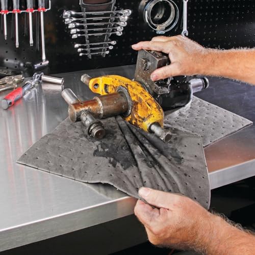 Image of PIG Absorbent Mat Pad in Dispenser Box | 10 inch W x 13 inch L | Heavyweight | Absorbs up to 12.8 oz. per pad | 50 Pads per Box | Protect Your Home Garage Basement | PM50837