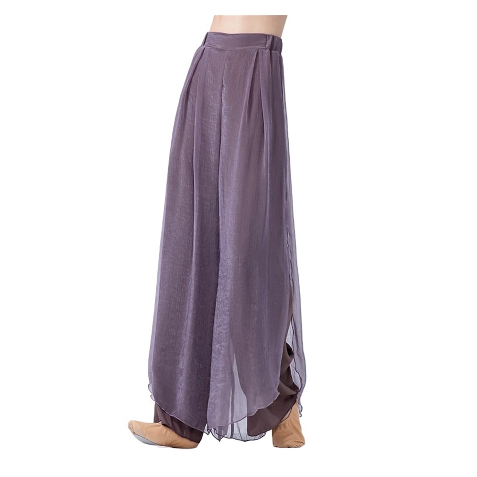 Pantaloni da danza classica donna, pantaloni pratica moderna, gamba larga, gonna in chiffon fluido con giunture