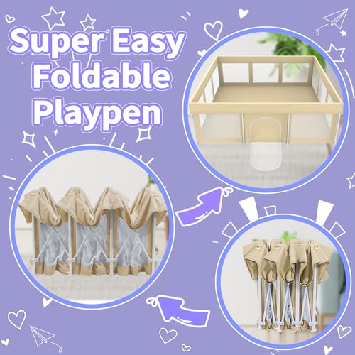 Image of Foldable Playpen for Babies and Toddlers,71 inchx71 inch Collapsible Play Pen with 150 Ball Pit Balls, Portable Indoor & Outdoor Play Yard, Baby Fence with Carry Bag, Mat Not Include, Beige