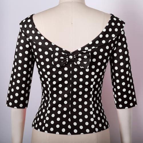 YARN & INK Women's 1950s Vintage Pinup Tops, Back Bow Tie Cute Rockabilly Elegant Shirt, Medium Sleeves Blouse2