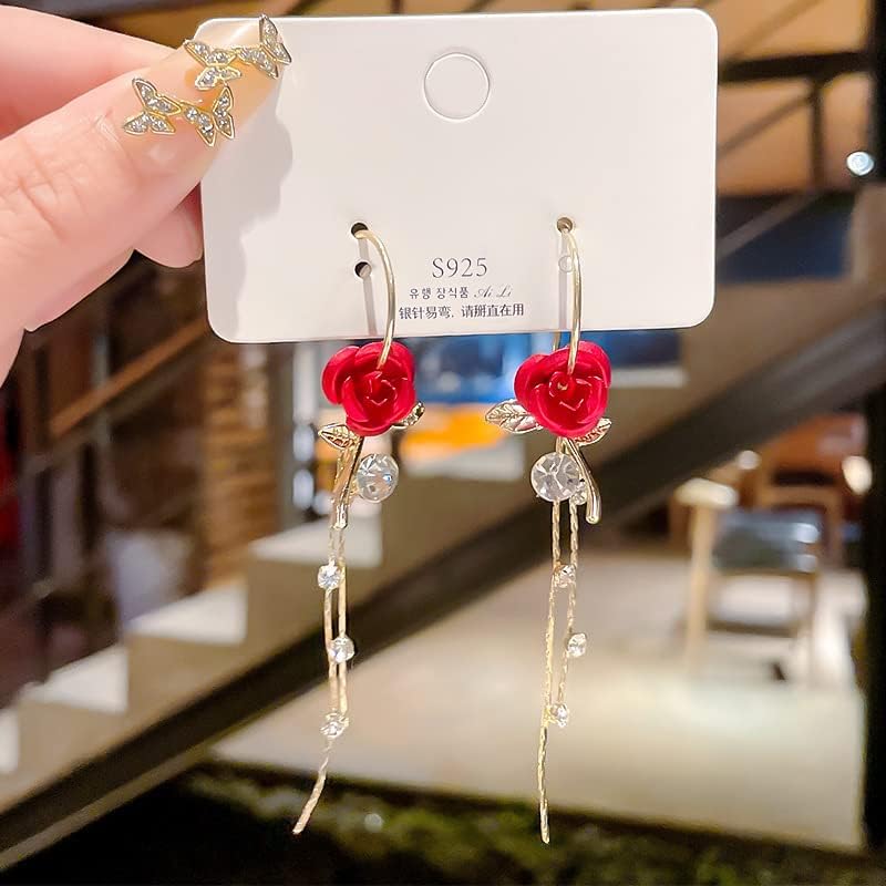 ANDPAI Unique Chic Long Tassel Chain Red Purple Rose Flower Dangle Drop Stud Earrings with White Sparkly Crystal for Women Statement Jewelry Gifts - Image 6