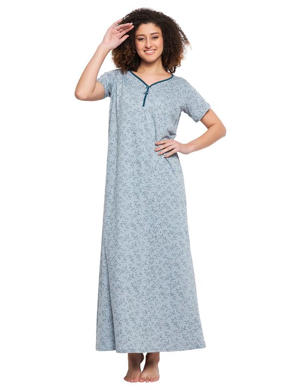 Clovia Abito da notte lungo da donna in cotone stampato in colore blu