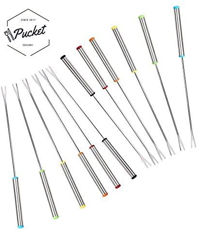Pucket - Set of 12 Premium Stainless Steel Fondue Forks 9.5" – 2 x Color Coding Forks with Heat Resistant Handle - Perfect For Cheese, Meat, Chocolate, Marshmallow Fondue