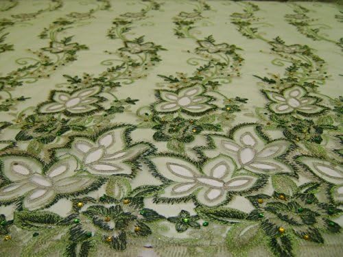 Green- Fancy Lace Design with Embroidery and Beads on Polyester Mesh